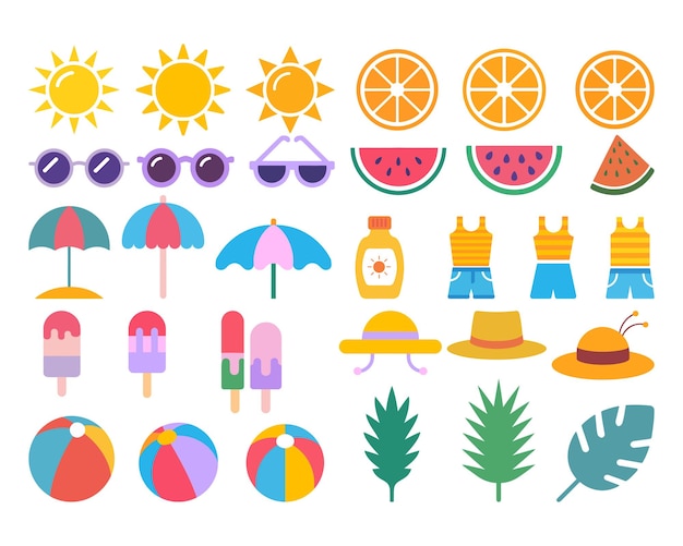 Elementos de verano Icon Flat Set Amplificador de playa Ilustración vectorial gráfica de vacaciones