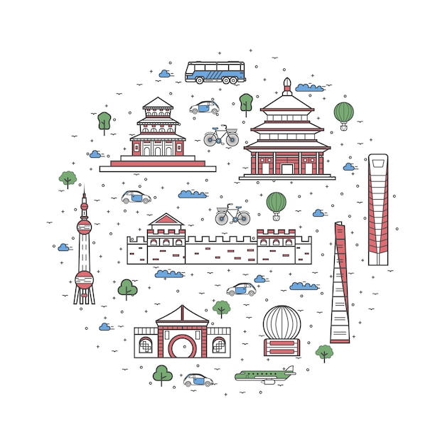 Elementos de viaje de China en estilo lineal