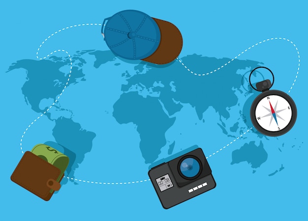 Elementos de viaje en el mapa mundial