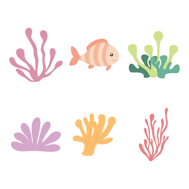 Elementos de la vida marina de los océanos marinos Conjunto de peces Algas naturales Decoración