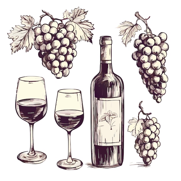 Elementos de vino dibujados a mano de vector que incluyen copa de vino botella vino corcho uva sacacorchos icono eps10 Vector viejo alcohol estilo retro icono eps10