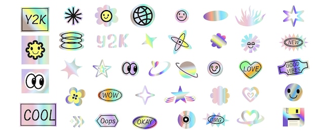 elementos y2k con pegatinas holográficas de gradiente en estilo retro futurista
