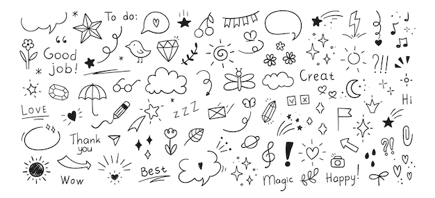 Elements de línea de pluma de Doodle Cute Heart burbuja doodle flecha estrella