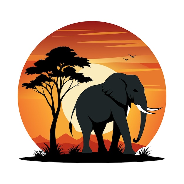 Elephantin el bosque al atardecer Listo para la impresión de camisetas Ilustración vectorial