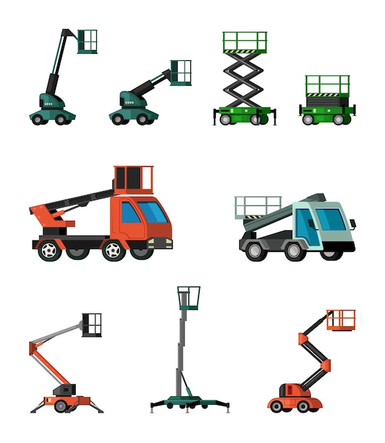 Vector elevación de vehículos plataformas elevadoras industriales telescópicas en vehículos máquinas hidráulicas conjunto de dibujos animados vectoriales