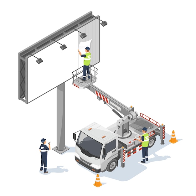 El elevador de tijera con motor isométrico del camión elevador ayuda al trabajador a cambiar el cartel en la cartelera