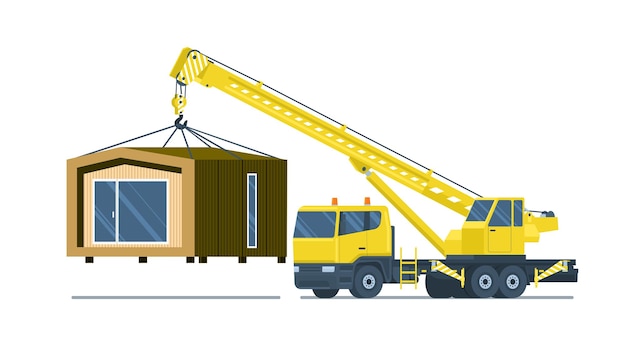 Elevadores de grúa de camión ensamblados casa modular ilustración vectorial