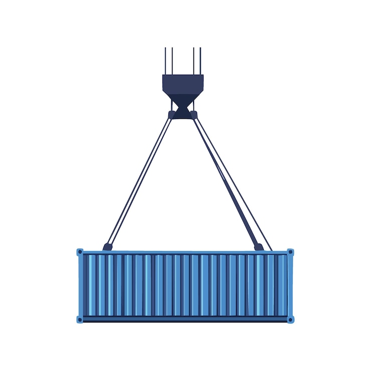 Vector elevadores de grúa con contenedor de carga azul gancho de grúa industrial y contenedor de transporte