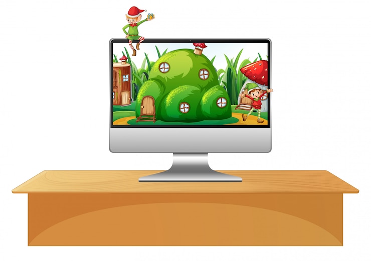 Vector elf en el escritorio de la computadora