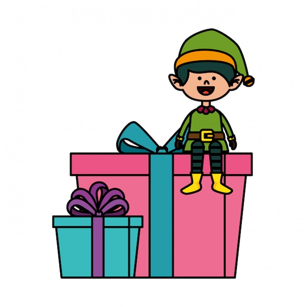 Elfo lindo con caja de regalo de navidad