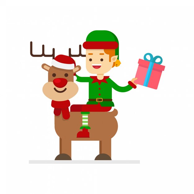 Elfo montando un reno en Navidad con caja de regalo.