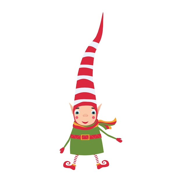 Un elfo de Navidad con un sombrero de rayas rojas sonríe. Adorable ilustración infantil de año nuevo