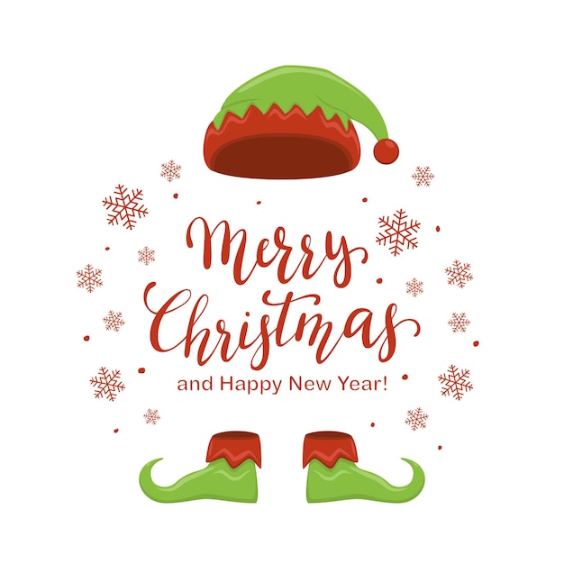 Elfo verde del sombrero y de los zapatos aislado en el fondo blanco. Traje de vacaciones y letras Feliz Navidad y Próspero Año Nuevo con copos de nieve y puntos, ilustración.