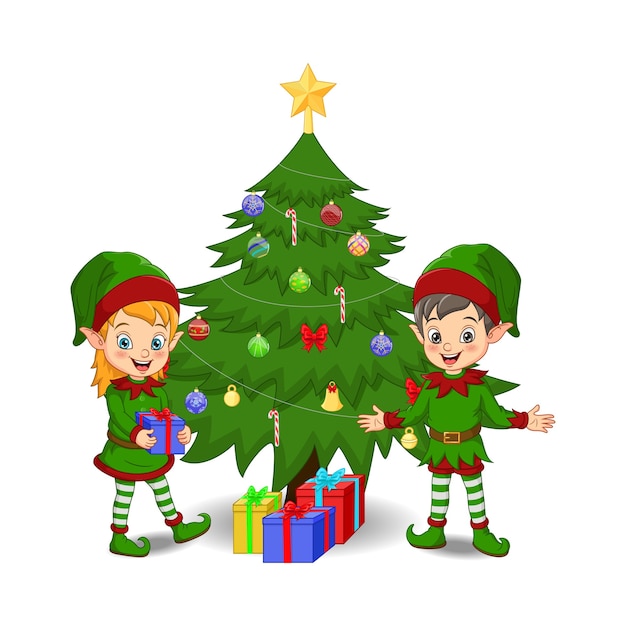 Elfos de dibujos animados decorando un árbol de Navidad