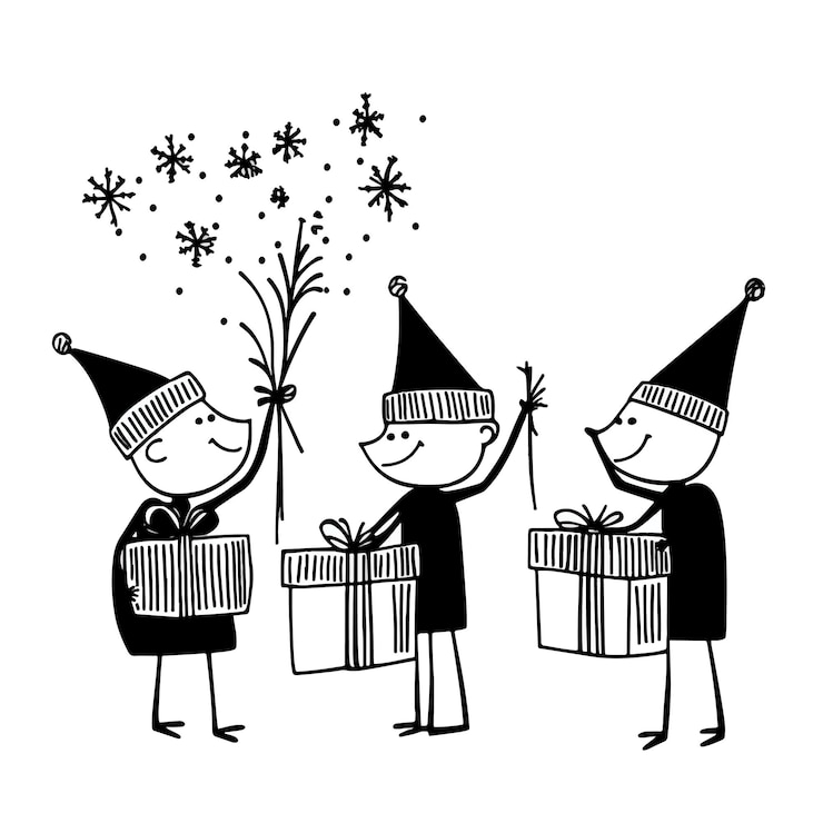 Vector los elfos de navidad envolviendo regalos ilustración en blanco y negro