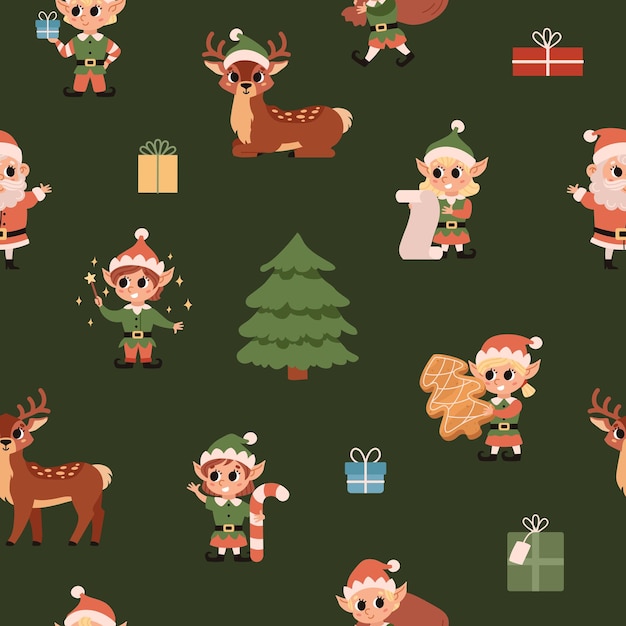 Elfos navideños en el Polo Norte Vector patrón sin costuras con piceas Elfos de ciervos de Santa Claus