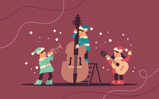 Elfos en uniforme con instrumentos musicales equipo de ayudantes de santa tocando la guitarra y la trompeta feliz año nuevo celebración de vacaciones de navidad ilustración vectorial horizontal de longitud completa