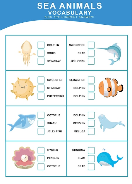 Elige la respuesta correcta. Vocabulario de animales marinos. Hoja de trabajo para preescolar. Archivo vectorial.