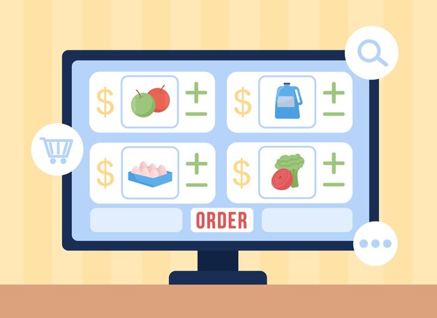 Elija comestibles en línea ilustración de vector de color plano. Comercio electrónico y venta al por menor. Pantalla de escritorio con tienda online. Sitio web de supermercado en monitor de computadora de dibujos animados 2D con fondo abstracto