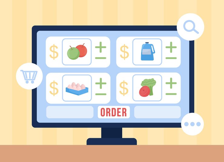Vector elija comestibles en línea ilustración de vector de color plano. comercio electrónico y venta al por menor. pantalla de escritorio con tienda online. sitio web de supermercado en monitor de computadora de dibujos animados 2d con fondo abstracto