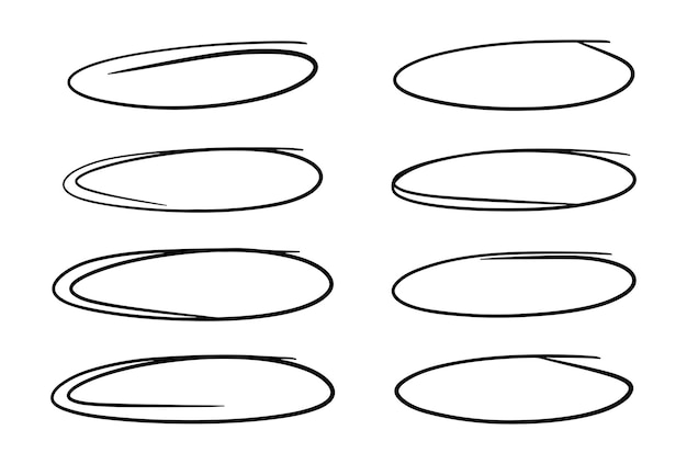 Elipses de doodle establecidos Ovales garabateados con bolas de pluma o lápiz para rodear y resaltar el texto Resaltes de boceto Elipses horizontales de escritura a mano aislados sobre fondo blanco