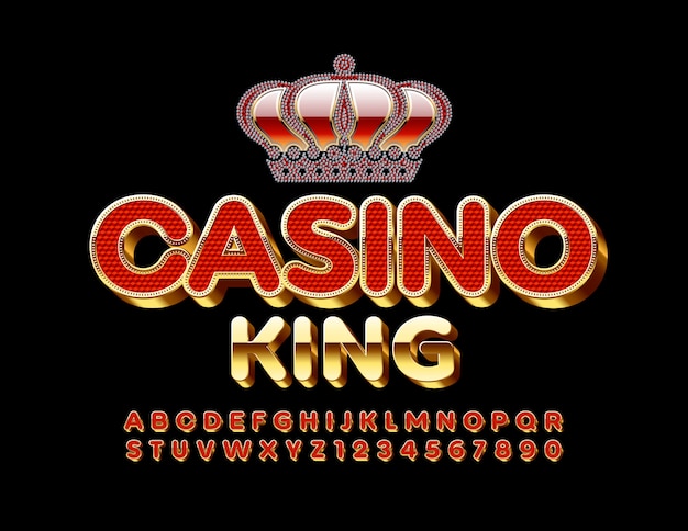 Vector elite emblem casino king con fuente 3d dorada y roja. letras y números únicos del alfabeto