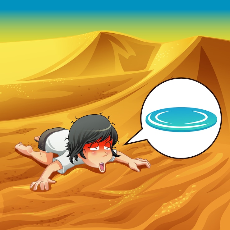 Vector ella tiene sed en el desierto.