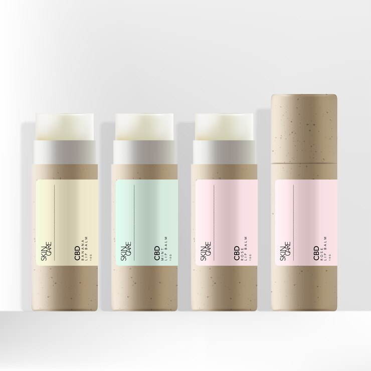 Embalaje de bálsamo labial CBD de papel Kraft reciclado con diseño minimalista de etiqueta en colores pastel
