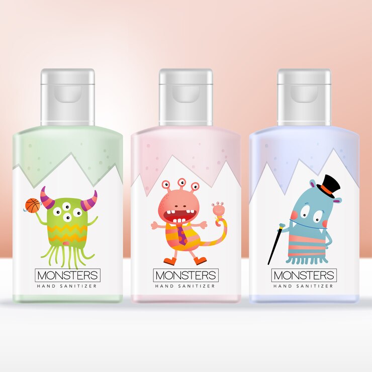 Embalaje de botella de desinfectante de manos para niños o niños con patrón de ilustración de monstruo impreso. Rosa, verde y azul.