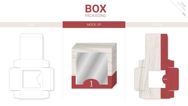 Embalaje de caja roja y plantilla troquelada de maqueta