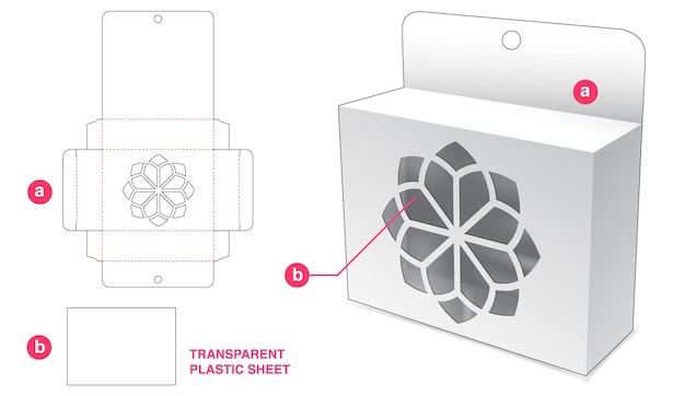 Embalaje colgante de cartón con ventana geométrica y plantilla troquelada de lámina de plástico transparente