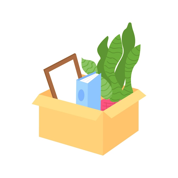 Embalaje de cosas en caja para mover objetos vectoriales de color semi plano. Organización de artículos. La salida del empleado del lugar de trabajo aisló la ilustración moderna de estilo de dibujos animados para diseño gráfico y animación