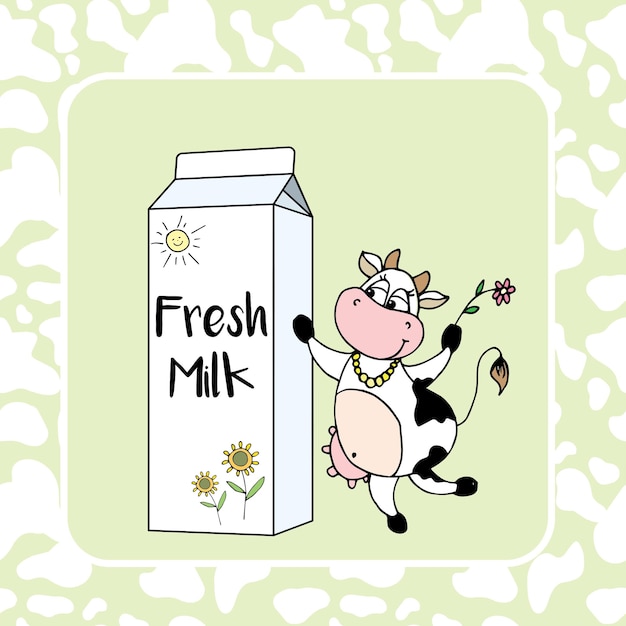 Embalaje de leche con sonrisa y lindo patrón de piel de vaca en la ilustración de vector de stock de fondo