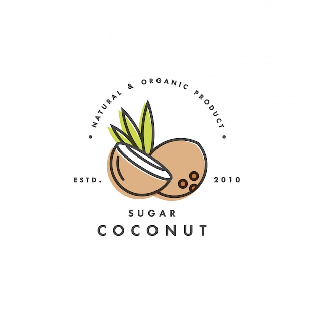 Embalaje logotipo de la plantilla y emblema - azúcar - coco. Logotipo en estilo lineal moderno.