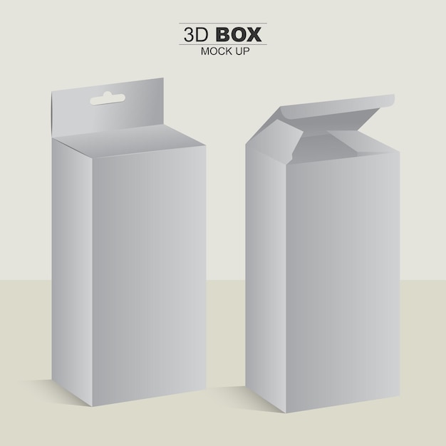 Embalaje normal y colgante Caja 3d Mockup Ilustración de caja gris aislada