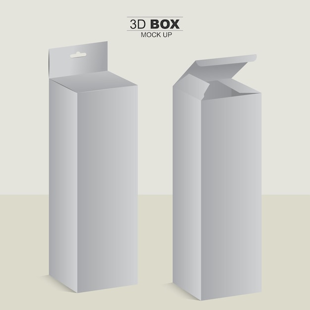 Embalaje normal y colgante Caja 3d Mockup Ilustración de caja gris aislada