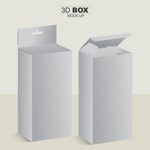 Embalaje normal y colgante Caja 3d Mockup Ilustración de caja gris aislada
