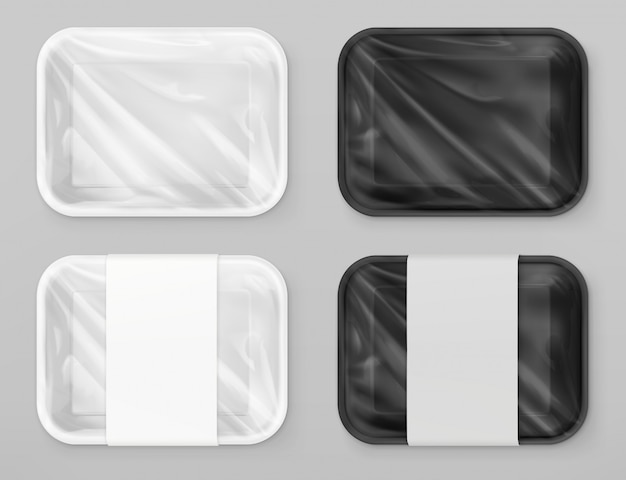 Embalaje de poliestireno alimentario, blanco y negro. Maqueta realista de vector 3D