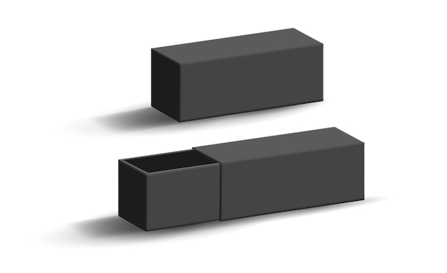 Vector embalaje rectangular vacío negro 3d posición de embalaje horizontal caja abierta y cerrada para el producto