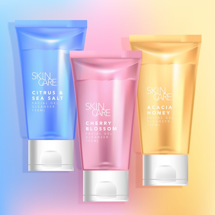Embalaje de tubo de belleza translúcido teñido de color azul, rosa y amarillo con tapa blanca