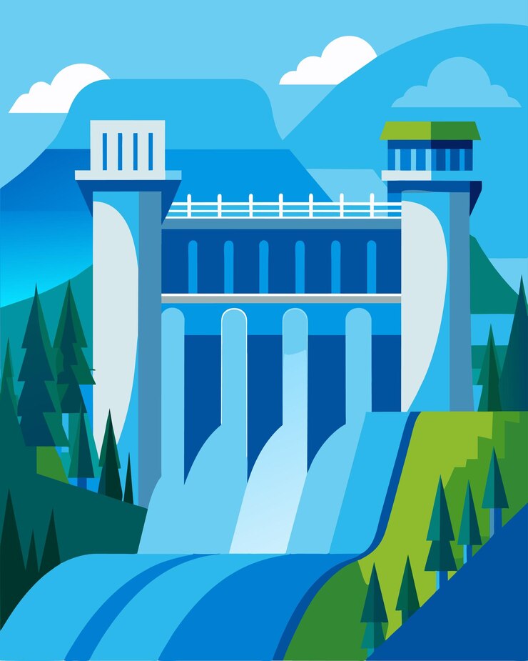 Vector un embalse desbordado detrás de una presa hidroeléctrica sirve como símbolo del exceso de energía que se