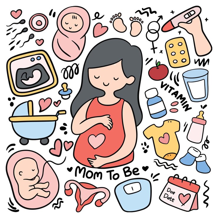 Vector embarazada doodle set mamá con recién nacido relacionado equipo vector ilustración