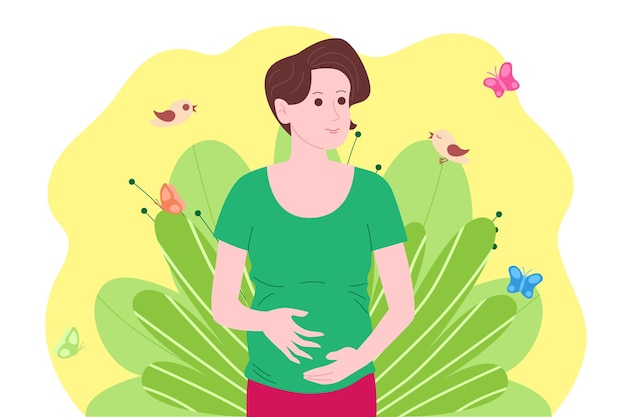 Vector embarazo, concepto de maternidad. mujer joven hermosa embarazada y feliz sostiene su vientre con un bebé en el útero. ilustración de vector de dibujos animados plana de una mujer esperando el nacimiento de un niño.