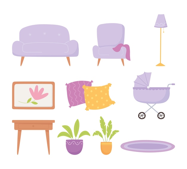 Embarazo y maternidad, establecer iconos sofá silla cochecito plantas mesa y lámpara