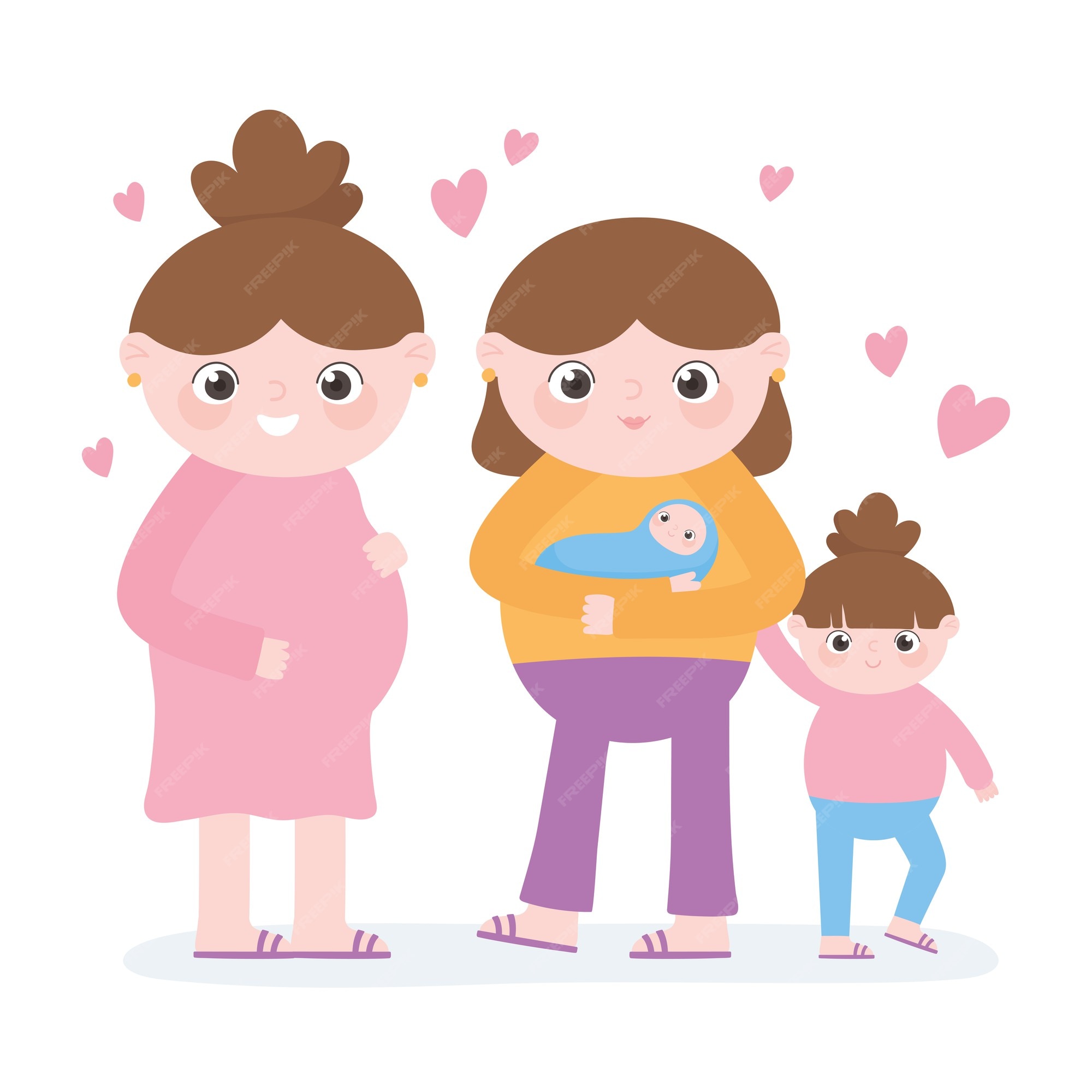 Embarazo y maternidad, linda mujer embarazada y mamá con dibujos animados  de niños | Vector Premium