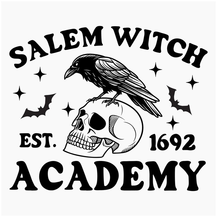 Emblema de la Academia de Brujas de Salem con cuervo y calavera