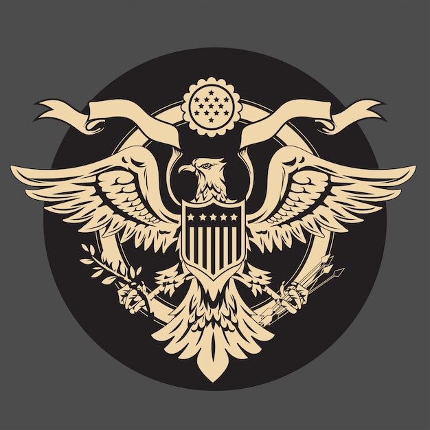 Emblema del águila americana con banderas de Estados Unidos y escudo vintage