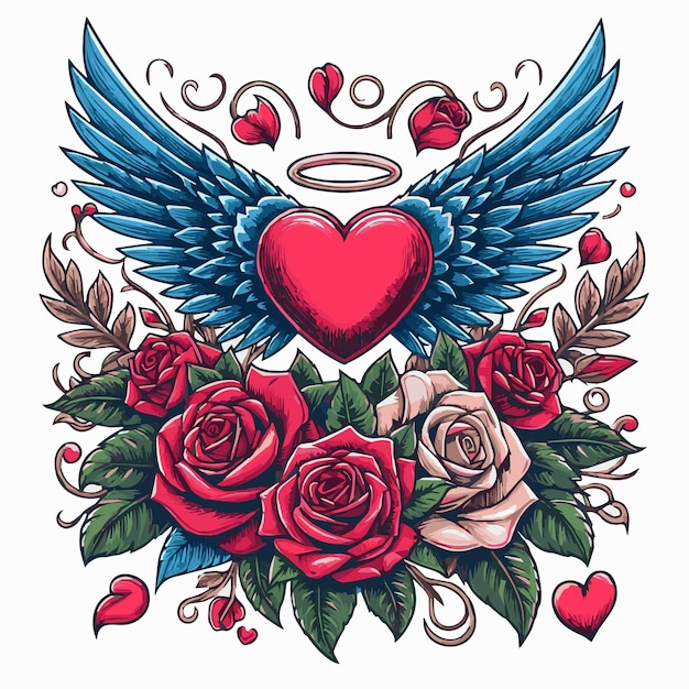 Emblema del amor celestial Vector aislado del ala de las rosas del ángel