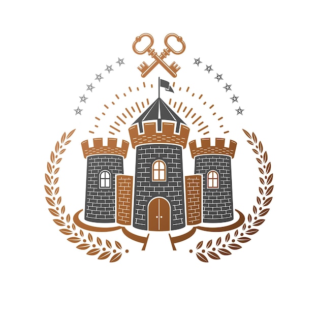 Emblema de la antigua fortaleza. Escudo de armas heráldico, logo vector vintage. Logotipo adornado en estilo antiguo sobre fondo blanco aislado.