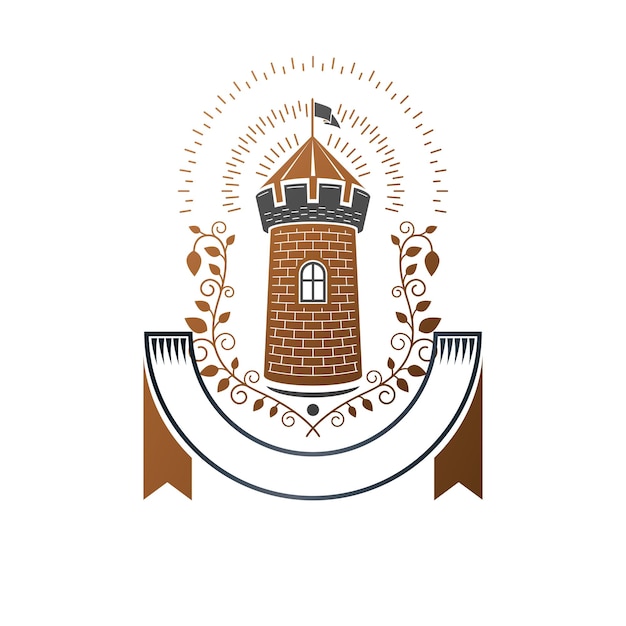 Emblema de la antigua fortaleza. escudo de armas heráldico, logo vector vintage. logotipo adornado en estilo antiguo sobre fondo blanco aislado.